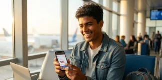 Traveler booking cheap last minute flights on smartphone at airport terminal