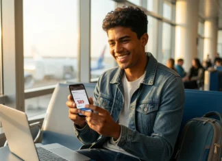 Cheap Last Minute Flights: How to Book Without Overpaying (2026) Traveler booking cheap last minute flights on smartphone at airport terminal