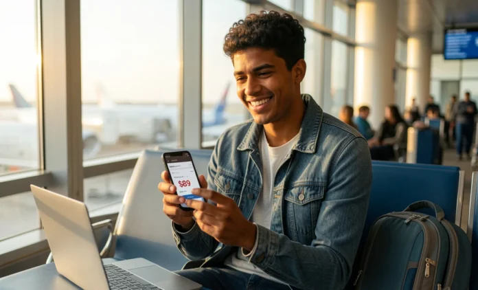 How to Find Cheap Last Minute Flights in 2026 Traveler booking cheap last minute flights on smartphone at airport terminal