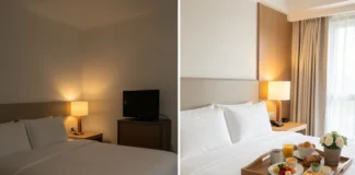 Side-by-side comparison of cheap vs expensive hotels showing room quality and price difference