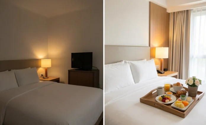 Cheap vs Expensive Hotels Real Cost Comparison Side-by-side comparison of cheap vs expensive hotels showing room quality and price difference