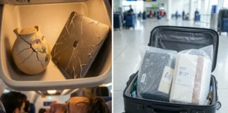 Checked baggage vs carry-on comparison showing fragile items packed safely in hard-shell suitcase vs damaged items in overhead bin