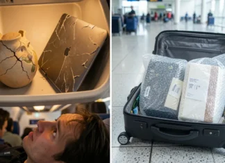Checked Baggage vs Carry-On: Which Is Really Safer for Fragile Items? Checked baggage vs carry-on comparison showing fragile items packed safely in hard-shell suitcase vs damaged items in overhead bin