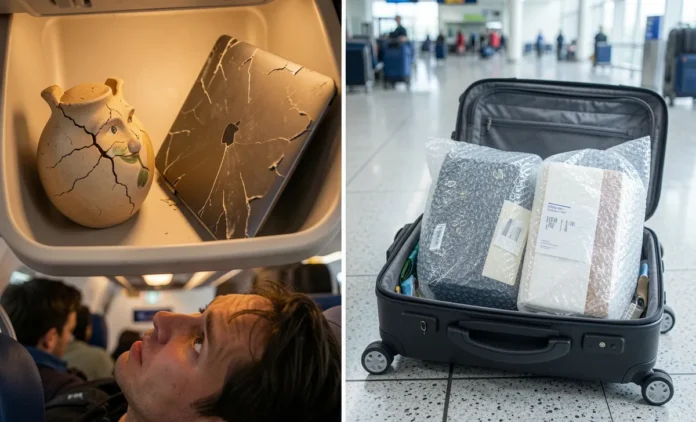 Checked Baggage vs Carry-On — Which Is Safer for Fragile Items? Checked baggage vs carry-on comparison showing fragile items packed safely in hard-shell suitcase vs damaged items in overhead bin