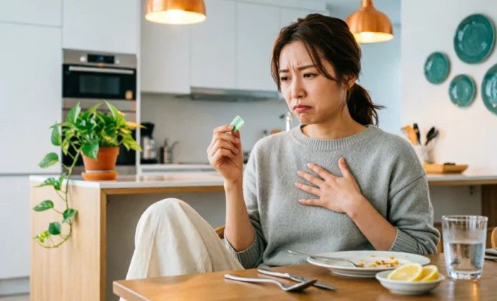 Chewing Gum Causes Heartburn - Post-Meal Digestive Discomfort Person experiencing heartburn after chewing gum post-meal, showing why chewing gum causes heartburn