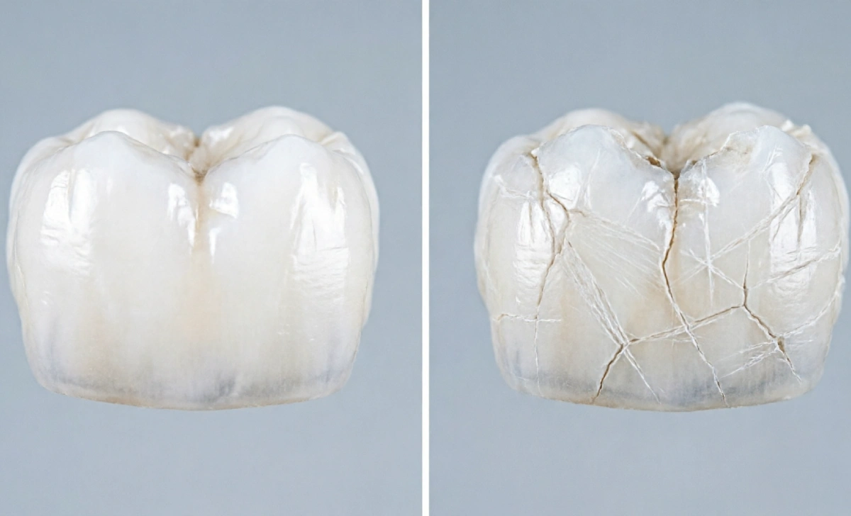 Before and after comparison showing healthy enamel versus early chewing ice tooth damage with visible hairline cracks under dental magnification