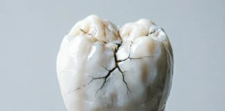 Close-up view of chewing ice tooth damage showing microscopic cracks and hairline fractures in tooth enamel under dental magnification