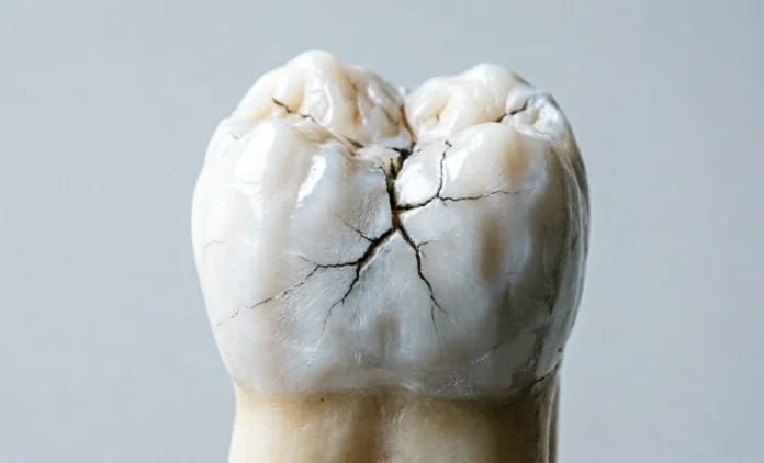 Chewing Ice Tooth Damage - Microscopic Enamel Fractures Close-up view of chewing ice tooth damage showing microscopic cracks and hairline fractures in tooth enamel under dental magnification