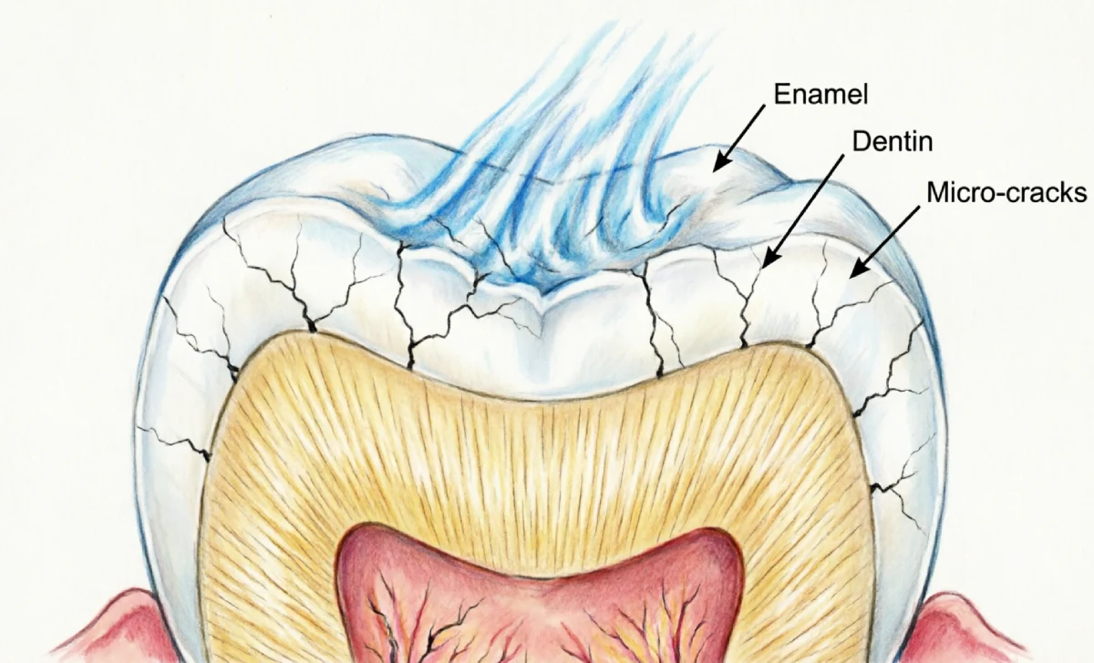 Diagram showing chewing ice tooth damage process with microfractures forming in enamel from cold impact and biting pressure