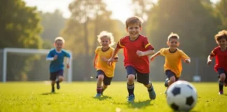 Child playing soccer demonstrating childhood soccer bone strength development through impact sports and physical activity