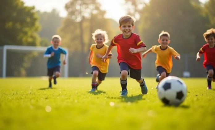 Child playing soccer demonstrating childhood soccer bone strength development through impact sports and physical activity