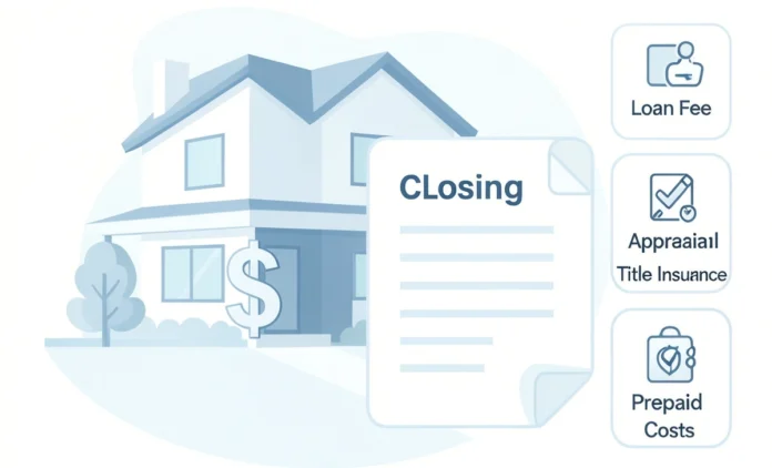 Closing Costs for Buyers — Full Fee Breakdown 2026 Infographic showing closing costs for buyers broken down into loan, title, and prepaid fees for a home purchase in 2026
