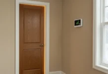 Closing Interior Doors Heating Bills: The HVAC Truth Closed interior door in a winter home hallway with a rising thermostat — shows how closing interior doors heating bills increase through HVAC pressure imbalance