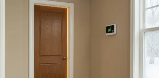 Closed interior door in a winter home hallway with a rising thermostat — shows how closing interior doors heating bills increase through HVAC pressure imbalance