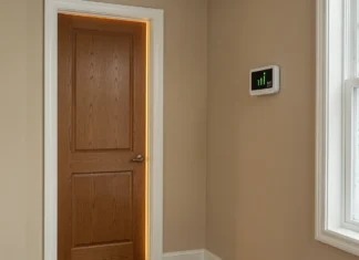 Closing Interior Doors Heating Bills: The HVAC Truth Closed interior door in a winter home hallway with a rising thermostat — shows how closing interior doors heating bills increase through HVAC pressure imbalance