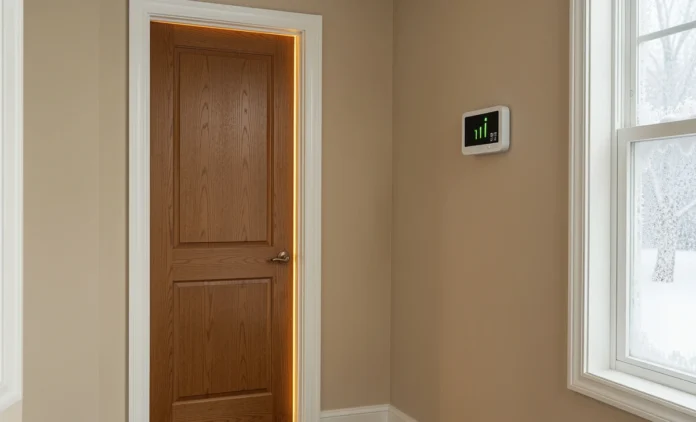 Closing Interior Doors Heating Bills — HVAC Airflow Impact Closed interior door in a winter home hallway with a rising thermostat — shows how closing interior doors heating bills increase through HVAC pressure imbalance
