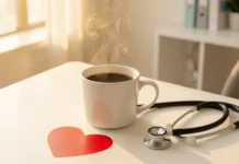 Coffee Heart Health Benefits: What 2026 Study Reveals Coffee heart health benefits - fresh brewed coffee cup with heart symbol and stethoscope on white table