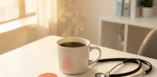 Coffee heart health benefits - fresh brewed coffee cup with heart symbol and stethoscope on white table