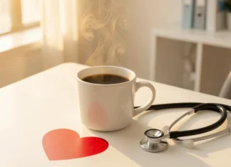 Coffee Heart Health Benefits: What 2026 Study Reveals Coffee heart health benefits - fresh brewed coffee cup with heart symbol and stethoscope on white table