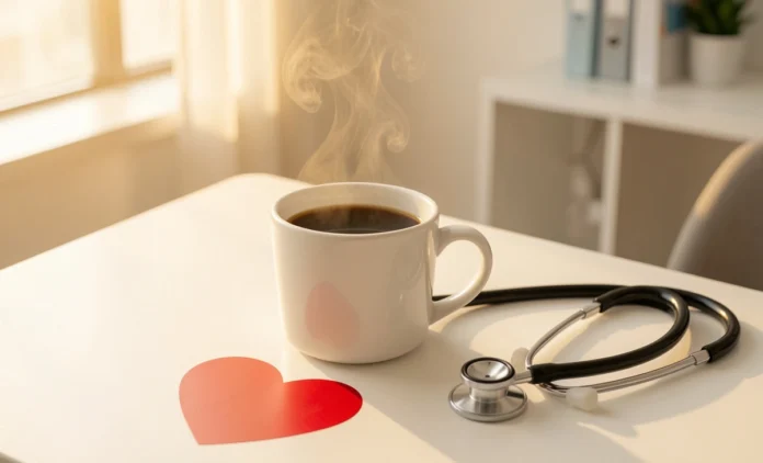 Coffee heart health benefits - fresh brewed coffee cup with heart symbol and stethoscope on white table