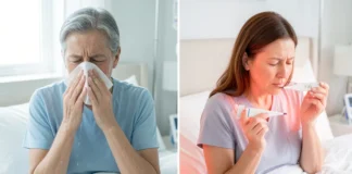 Cold vs flu adults symptom comparison chart showing fever, body aches, and fatigue differences