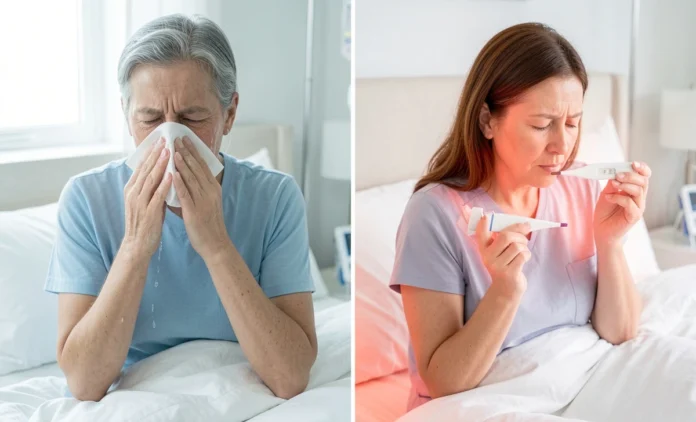 Cold vs flu adults symptom comparison chart showing fever, body aches, and fatigue differences