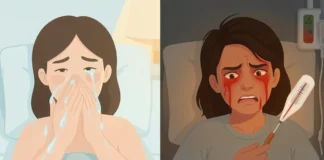 Cold vs flu symptoms comparison showing two sick people with different illness severity