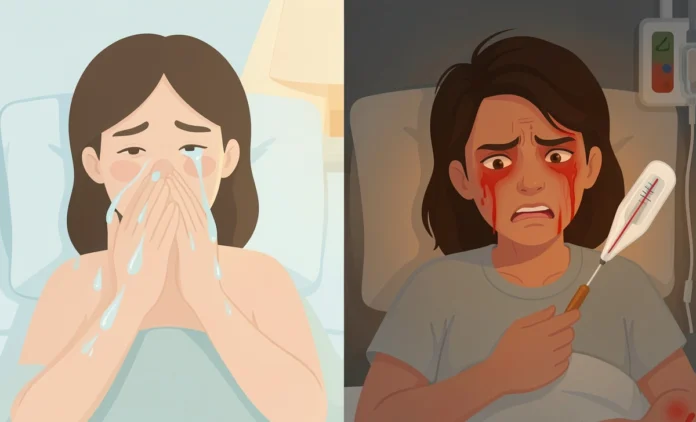 Cold vs flu symptoms comparison showing two sick people with different illness severity