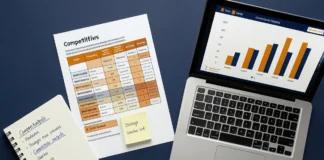 competitive analysis product launch desk setup with competitor chart and research notes