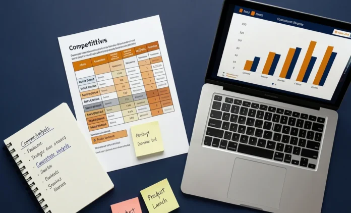 Competitive Analysis Product Launch – Strategy Research Desk competitive analysis product launch desk setup with competitor chart and research notes
