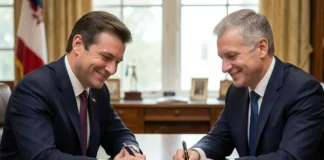 Two business partners in a conflict of interest business partnership meeting, one secretly signing a hidden deal