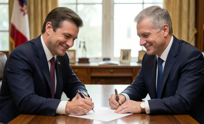 Two business partners in a conflict of interest business partnership meeting, one secretly signing a hidden deal