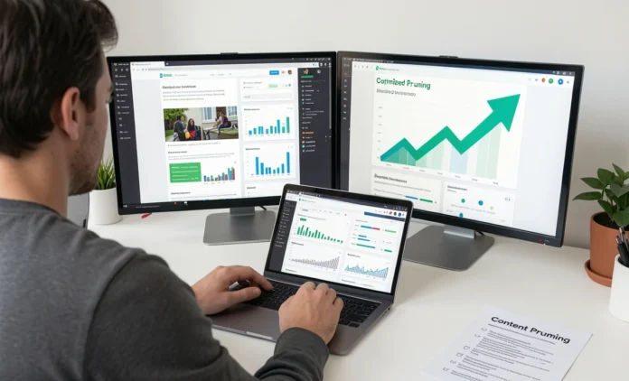Content pruning small blogs workflow showing analytics dashboard with before/after SEO traffic improvement and optimization checklist