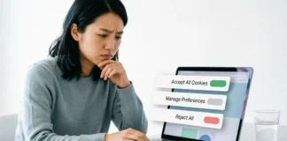 Cookie consent popup explained - person facing multiple website cookie banners with accept and reject options