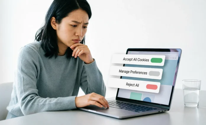 Cookie consent popup explained - person facing multiple website cookie banners with accept and reject options