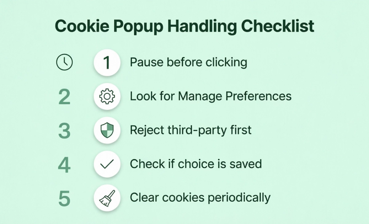 Cookie consent popup explained - 5-step checklist infographic for handling website cookie banners safely