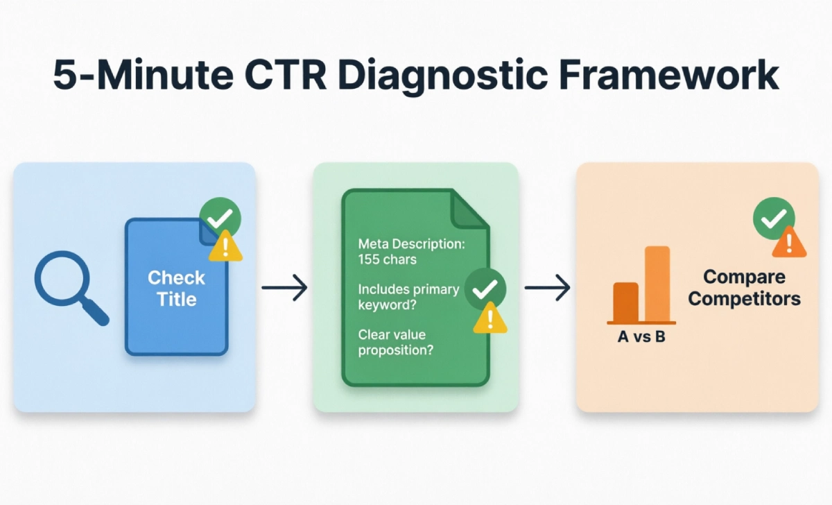 Flowchart showing 5-minute diagnostic framework to identify good CTR organic search issues with 3-step process