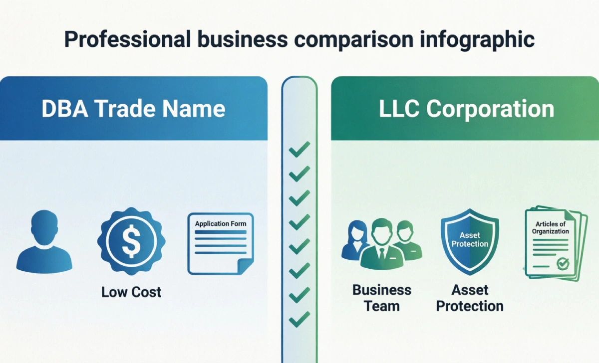 DBA vs LLC comparison chart for register business name documents decision