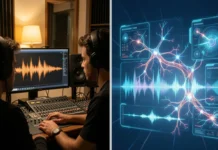 How to Detect AI-Generated Content in Music and Video (2026 Guide) Side-by-side comparison showing how to detect AI-generated content in music production with real studio vs synthetic audio waveforms