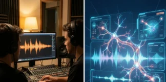 Side-by-side comparison showing how to detect AI-generated content in music production with real studio vs synthetic audio waveforms