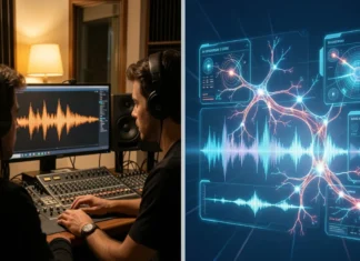 How to Detect AI-Generated Content in Music and Video (2026 Guide) Side-by-side comparison showing how to detect AI-generated content in music production with real studio vs synthetic audio waveforms