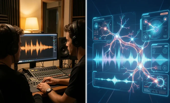 Detect AI-Generated Content - Real vs Synthetic Music Production Side-by-side comparison showing how to detect AI-generated content in music production with real studio vs synthetic audio waveforms