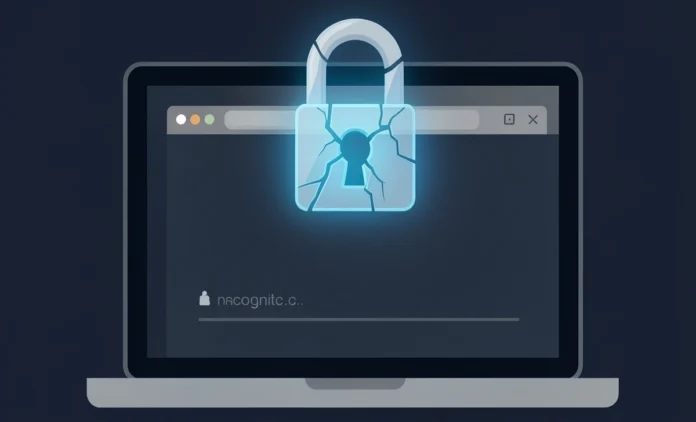 Incognito mode browser window with cracked padlock showing Incognito Mode Save Passwords can still be saved