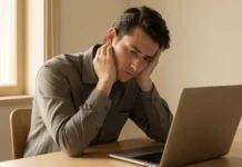 Early Signs of Burnout: Warning Signals You Should Never Ignore A tired professional showing early signs of burnout — staring blankly at a laptop in soft morning light, conveying mental exhaustion and emotional fatigue.