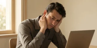 A tired professional showing early signs of burnout — staring blankly at a laptop in soft morning light, conveying mental exhaustion and emotional fatigue.