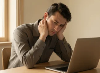 Early Signs of Burnout: Warning Signals You Should Never Ignore A tired professional showing early signs of burnout — staring blankly at a laptop in soft morning light, conveying mental exhaustion and emotional fatigue.