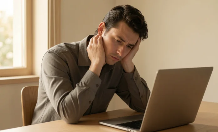 Early Signs of Burnout — Mental Exhaustion at Work A tired professional showing early signs of burnout — staring blankly at a laptop in soft morning light, conveying mental exhaustion and emotional fatigue.