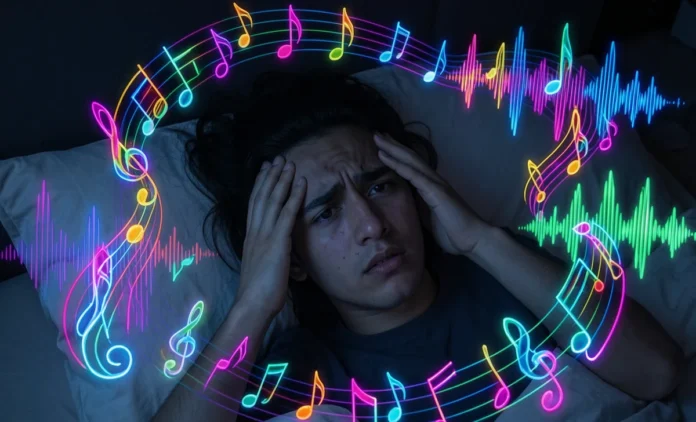 Person struggling with earworm at night trying earworm removal techniques that work to stop stuck song