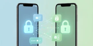 End-to-end encryption beginners guide showing secure messaging between two phones with lock symbols