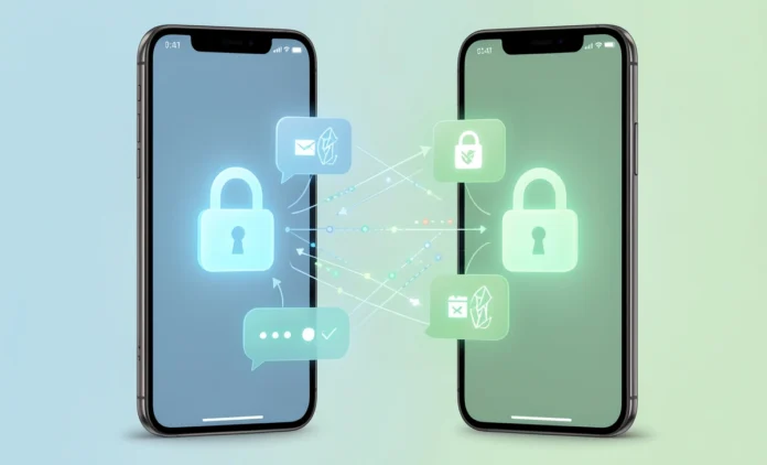 End-to-end encryption beginners guide showing secure messaging between two phones with lock symbols